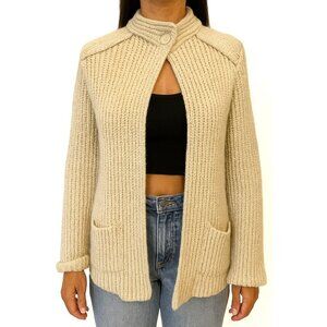 Vintage Heavy Knit Cardigan Retro Layering Chunky Button Belt Beige Grandpa Sz M